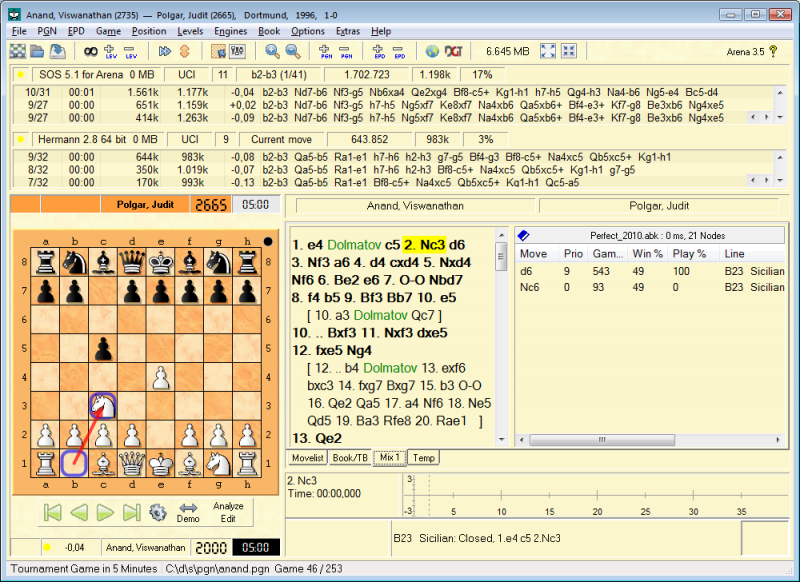 Arena Chess Graphical User Interface. The game board show