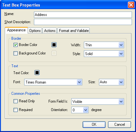 Appearance tab in PDF text box properties dialog box allows you to change border color, background color, text color, font, readonly, visibility, etc.