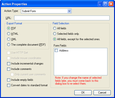 The Submit Form action allows you to submit the form data to an URL by HTTP post or get. In this dialog box, you can choose format of submitted data, fields need to be submitted and additional options.