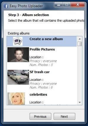 Step 3 – Select which album you want the pictures to be posted on Facebook. The Facebook uploader can also be used to create a new album without having to access the Facebook control panel.