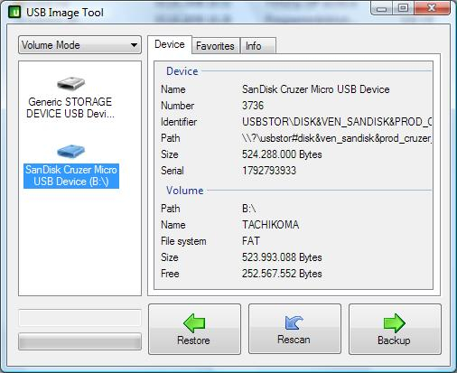 USB Image Tool showing a SanDisk USB flash drive and a Card Reader