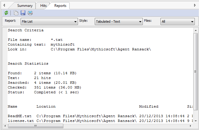 Reporting tab for easy copying, printing or saving of search data