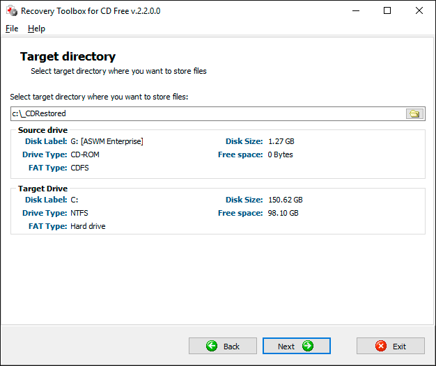 Select the disk and folder to save recovered data