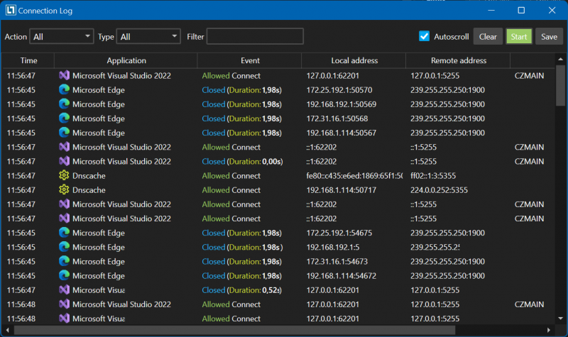 Realtime connection log